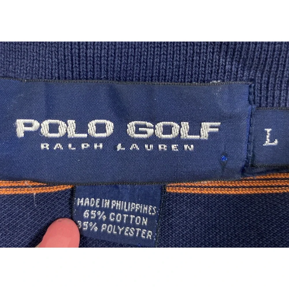 Ralph Lauren Polo Golf Shirt Mens Large Navy Blue Orange‎ Stripe Short Sleeve